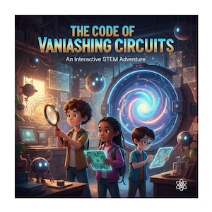 May include: Illustration of three children exploring a futuristic lab with glowing screens and a large portal. The image features the text "THE CODE OF VANISHING CIRCUITS" and "An Interactive STEM Adventure". A robot and magnifying glass are also visible.