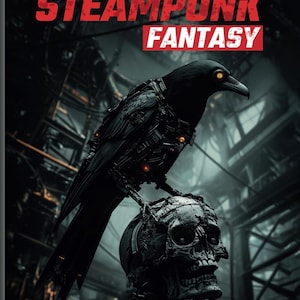 Puede incluir: Portada de libro para colorear con el título "Gothic Cogs Steampunk Fantasy". Un cuervo negro con detalles mecánicos se posa sobre una calavera. El fondo presenta elementos industriales, y el texto "Coloring Book For Adults" está en la parte inferior.