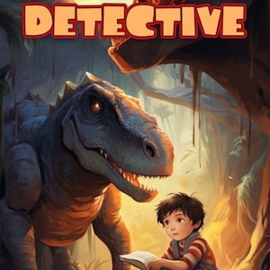 May include: Illustration of a book cover titled "The Dinosaur Detective." The image features a dinosaur, a young boy reading a book, and text that reads "A Critical Thinking Mystery Story For Kids."