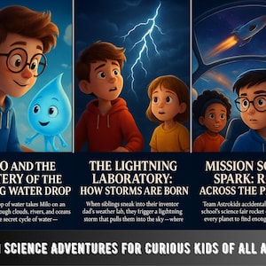 Peut inclure: Couvertures de livres illustrées avec des enfants et des thèmes scientifiques. Les titres incluent "Milo et le mystère de la goutte d'eau parlante", "Le laboratoire de la foudre" et "Mission Solar Spark". Le texte du bas se lit "Aventures scientifiques amusantes pour enfants curieux de tous âges."