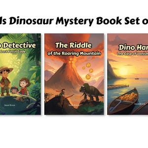 May include: A set of three children's books titled "Kids Dinosaur Mystery Book Set of 3". The book covers feature colorful illustrations of dinosaurs and adventure scenes. Titles include "Dino Detective", "The Riddle of the Roaring Mountain", and "Dino Harbor".