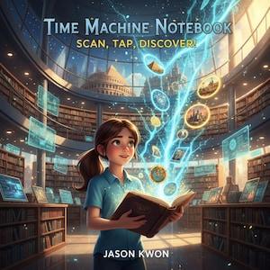 May include: An illustrated image of a young person holding a book titled "Time Machine Notebook." The book emits a blue energy stream with images of historical landmarks. The text "SCAN, TAP, DISCOVER!" is also visible.