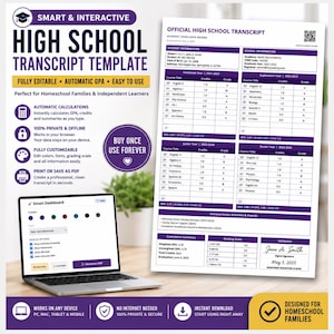 Peut inclure: Un modèle de relevé de notes de lycée numérique avec une mise en page violette et blanche. Le document affiche les informations de l'élève, les cours, les crédits, les notes et un résumé cumulatif. Un ordinateur portable montre une interface.