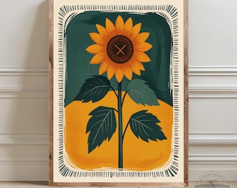 Vintage Sunflower Print, Boho Wall Decor,  Large Botanical Poster, Emerald Green Wall Art, Rustic Farmhouse Decoration, Digital Download