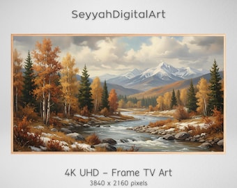 Winter Mountain Art for Samsung Frame TV, Fall River Oil Painting, Rustic Nature Screensaver, 4K Vintage Digital Download