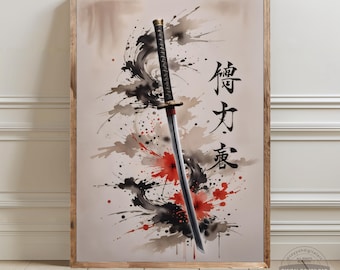Japanese Samurai Katana Wall Art, Sumi-e Ink Wash Poster, Zen Brushstroke Warrior Print, Bushido Spirit Decor, Man Cave Digital Download