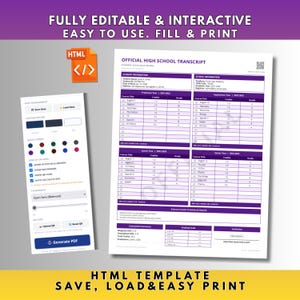 High School Transcript Template | Printables Home School Diploma | Editable Homeschoolers Academic Record | Official Smart HTML Template