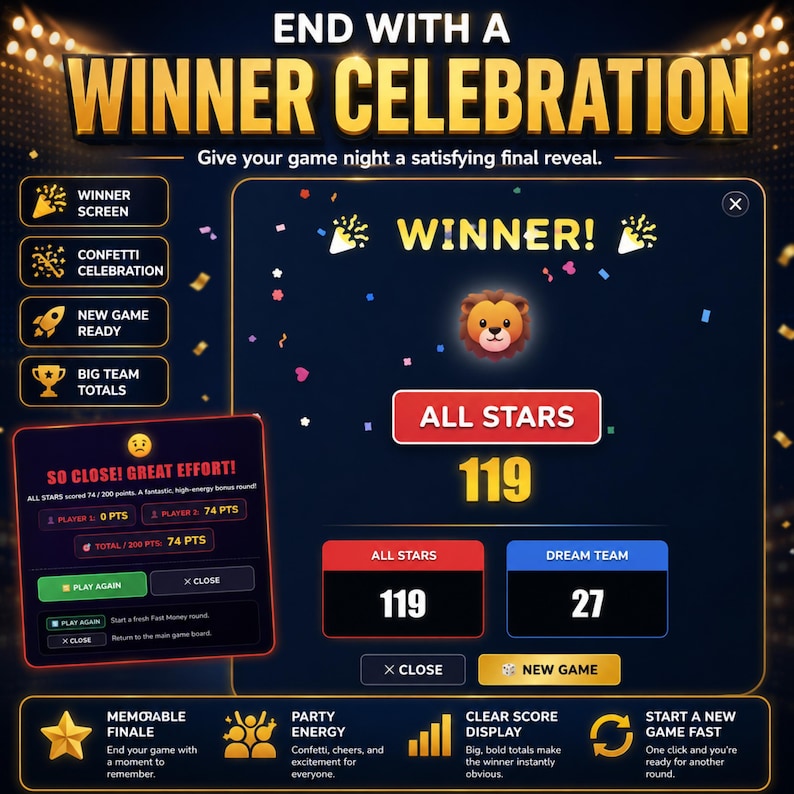 Friendly Feud game winner screen with confetti, team scores and a colorful final celebration. This trivia game gives every party game a satisfying game-show style ending.