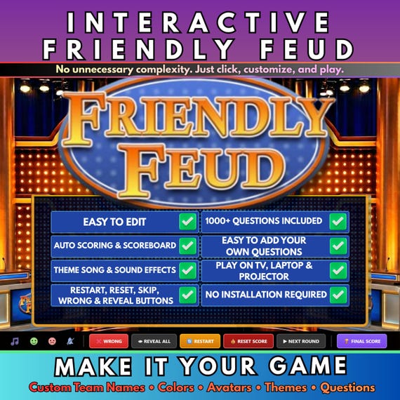 Customizable Friendly Feud Game | Ultimate Family Party Trivia Game | Editable Interactive Digital Game | Perfect for Adults - Kids
