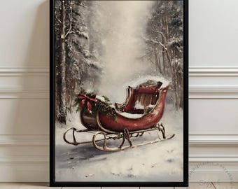 Vintage Christmas Sleigh Art Print | Red Sleigh in Snow | Rustic Winter Landscape | Holiday Wall Decor | Digital Download Poster
