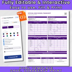 High School Transcript Template | Printables Home School Diploma | Editable Homeschoolers Academic Record | Official Smart HTML Template