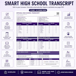 K&ouml;nnte beinhalten: Eine digitale Highschool-Zeugnisvorlage in violett-wei&szlig;em Design. Das Dokument enth&auml;lt Abschnitte f&uuml;r Sch&uuml;ler- und Schuldaten, vier Schuljahre mit Kursen, Notendurchschnittsberechnungen, au&szlig;erschulische Aktivit&auml;ten und eine Notenskala.