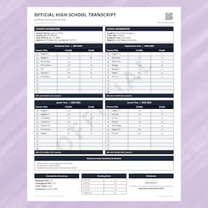 Fillable Printable High School Transcript Canva Template for students and homeschool families. Academic transcript design with grade tracking, GPA sections, editable fields, and clean printable layout for records.