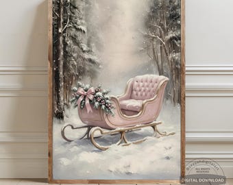 Pink Christmas Sleigh Print, Coquette Bow Wall Art, Vintage Winter Snow Landscape, Pastel Holiday Decor, Digital Download