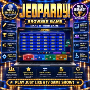 Jeu Jeopardy modifiable, modèle de quiz interactif, sans PowerPoint, soirée jeux virtuelle pour adultes et enfants, quiz personnalisable pour vos fêtes