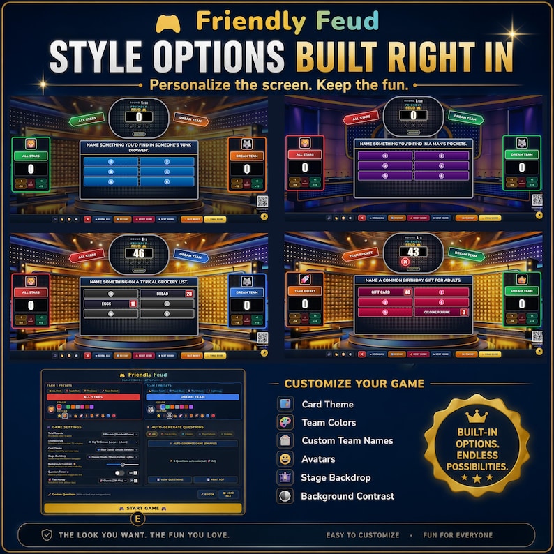Friendly Feud game runs directly in a modern web browser with no PowerPoint, macros or complicated installation. A simple alternative to powerpoint games—download, open and start playing.