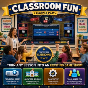 Friendly Feud game projected on a classroom screen while students compete in teams. This trivia game and family feud game format makes classroom activities more interactive, social and entertaining.