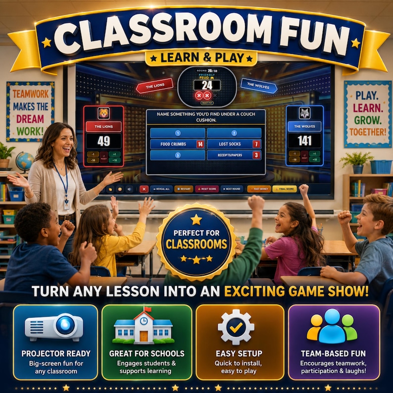 Friendly Feud game projected on a classroom screen while students compete in teams. This trivia game and family feud game format makes classroom activities more interactive, social and entertaining.
