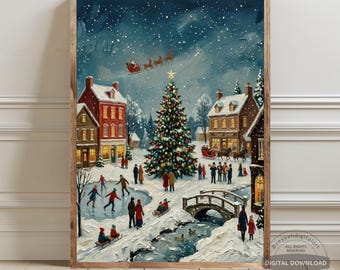 Vintage Christmas Village Print, Santa Sleigh Winter Landscape Oil Painting, Nostalgic Holiday Wall Art, Rustic Farmhouse Decor, Printable