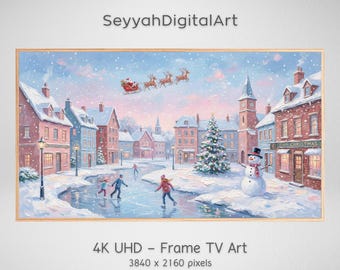 Pink Vintage Christmas Frame TV Art, Pastel Snowy Village, Santa Sleigh Oil Painting, Coquette Holiday Decor, Soft Winter Landscape TV Art