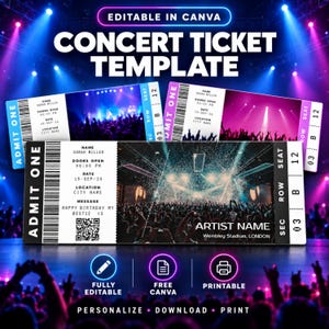 Plantilla editable para entradas de concierto / Entradas personalizadas para conciertos / Entradas falsas para conciertos imprimibles / Idea de regalo / Entradas para eventos DIY / Plantilla de Canva