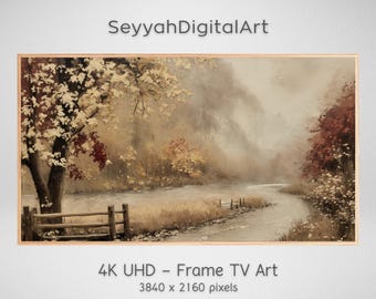 秋のフレームTVアート、雰囲気のある秋の風景、ビンテージサムスンフレームTVアート、素朴な川の油絵、居心地の良い感謝祭スクリーンセーバー4K