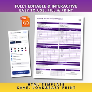 High School Transcript Template | Printables Home School Diploma | Editable Homeschoolers Academic Record | Official Smart HTML Template