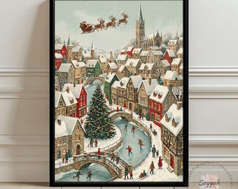 Vintage Christmas Village Art, Santa Flying Sleigh Print,Victorian Winter Landscape,Snowy Town Scene, Antique Holiday Decor,Digital Download