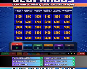 Interactive Jeoparty Game | Editable Quiz Template | No PowerPoint Required, Virtual Game Night for Adults & Kids, Customizable Party Trivia