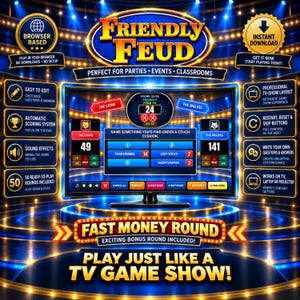 Bewerkbaar Friendly Feud partygame, ultiem quizspel voor feestjes, interactief digitaal familiespel, browsergame, snel geld verdienen, automatische scoretelling