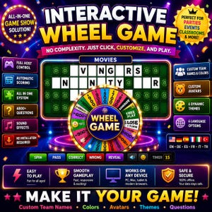 May include: An interactive digital wheel game featuring a colorful spinning wheel, a word puzzle board with letters, and various control buttons. The interface includes text labels for game features, scoring, themes, and language options on a dark background.