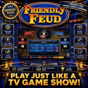 Friendly and Family Feud game shown as an interactive browser-based family feud game with colorful team scoreboards and survey answers. A fun party game designed for families, friends and group events.