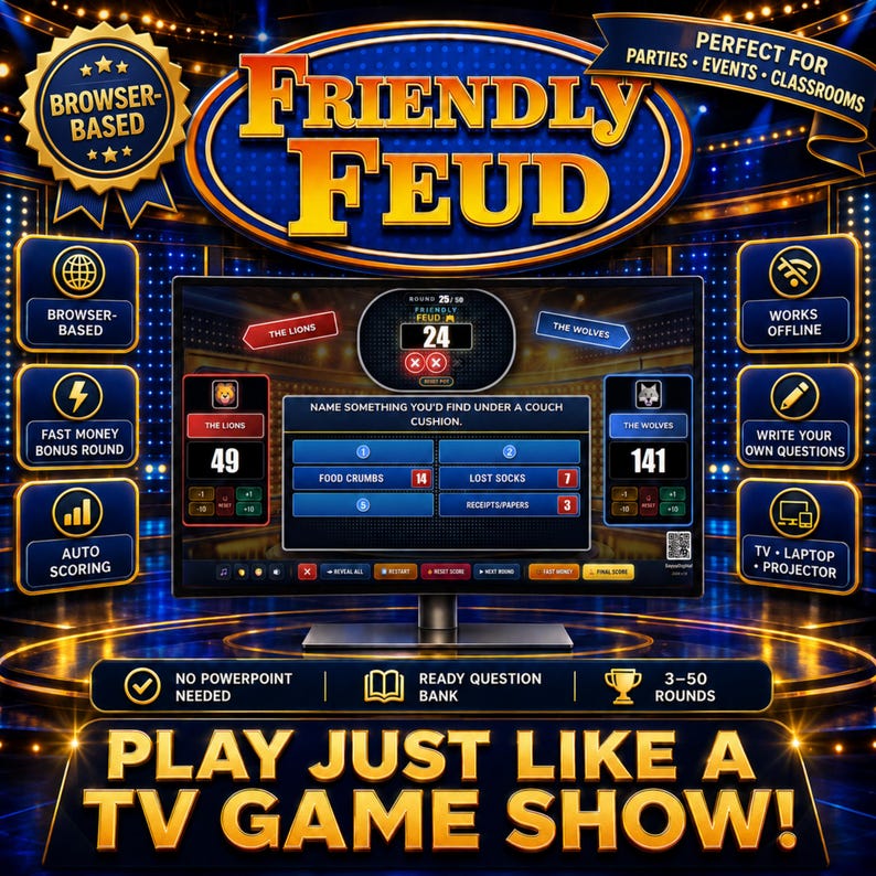 Friendly and Family Feud game shown as an interactive browser-based family feud game with colorful team scoreboards and survey answers. A fun party game designed for families, friends and group events.