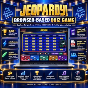 Juego interactivo de Jeoparty / Plantilla de cuestionario editable / No requiere PowerPoint, Noche de juegos virtual para adultos y niños, Trivia personalizable para fiestas