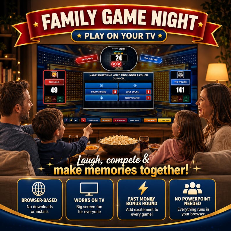 Friendly Feud family game being played by a family together on a large TV during games night. This family feud party game creates a lively game-show experience with laughs, competition and big-screen fun.