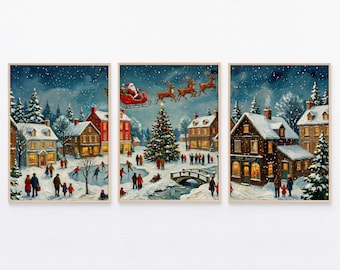 Vintage Christmas Village Set of 3 Prints, Santa Sleigh Wall Art, Snowy Winter Town Landscape, Nostalgic Holiday Decor Digital Download