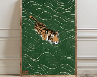 Japanese Tiger Art Print, Swimming Tiger Poster, Emerald Green Wall Decor, Japandi Tiger Minimalist, Eclectic Animal Digital Download