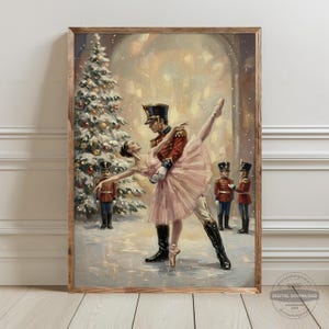 Vintage Nutcracker Wall Art Print, Nutcrackercore Christmas Decor, Ballet Theatre Poster, Whimsical Holiday Digital Download, Pink Bows