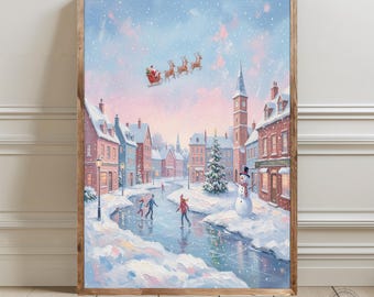 Pink Christmas Village Wall Art Printable, Whimsical Winter Town Poster, Cozy Holiday Ice Skating Scene, Nursery Christmas Decor