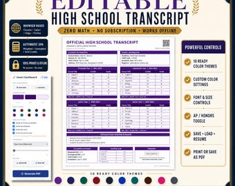 High School Transcript Template | Printables Home School Diploma | Editable Homeschoolers Academic Record | Official Smart HTML Template