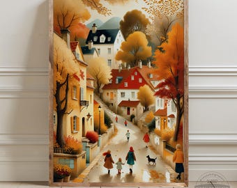 Autumn Village Wall Art, Cozy Fall Print, Cottagecore Decor,Warm Tone Landscape,Vintage Style Thanksgiving Poster,Storybook Digital Download