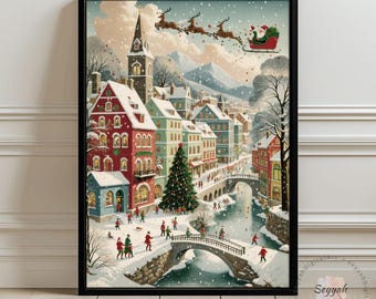 Christmas Village Wall Art | Santa Sleigh Holiday Painting | Cozy Winter Scene | Christmas Town Print | Digital Download Decor