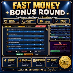 Family Feud game Team vs Team Fast Money mode lets both teams compete through five rapid-fire survey questions. A fun family fued style bonus showdown designed to keep everyone involved until the end.