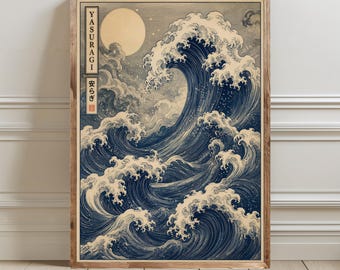 Vintage Japanese Wave Poster, Blue Japandi Wall Art, Wabi Sabi Zen Decor, Yasuragi Kanji Art, Japanese Ocean Print