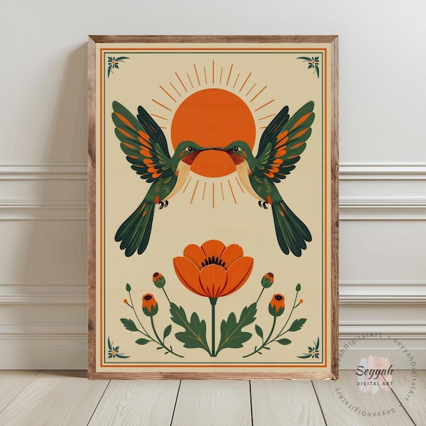 Stampa d'arte popolare scandinava con colibrì, decorazione da parete floreale boho, poster dell'alba in toni tenui, arte rustica con uccelli botanici, download digitale