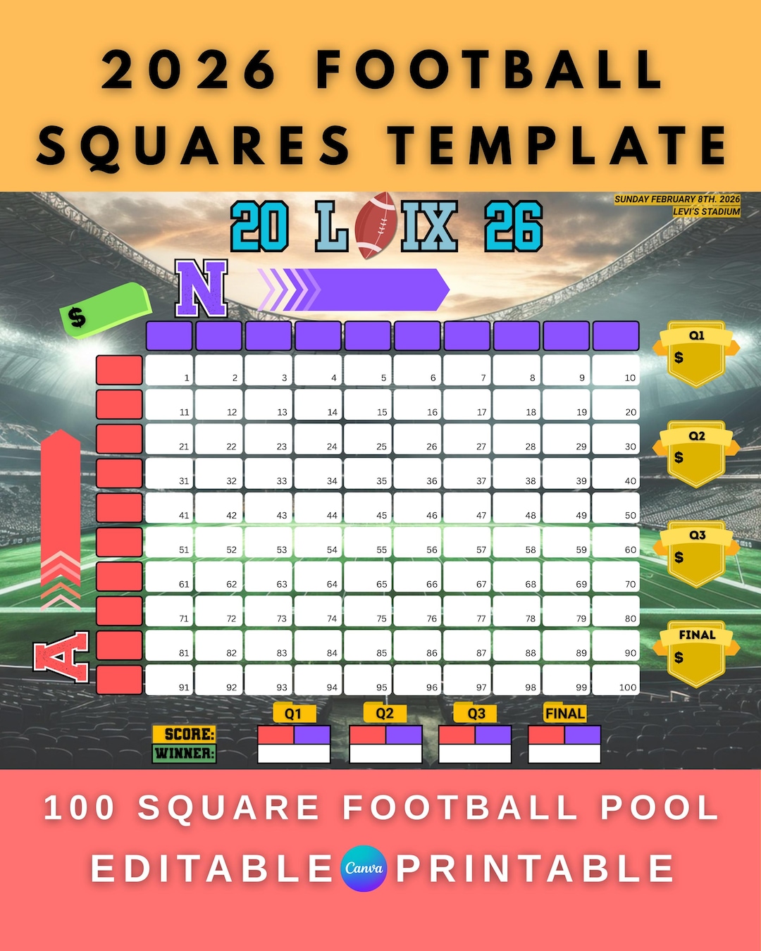 Football Squares Printable | Super Bowl Pool Game | 100 Square Grid for ...