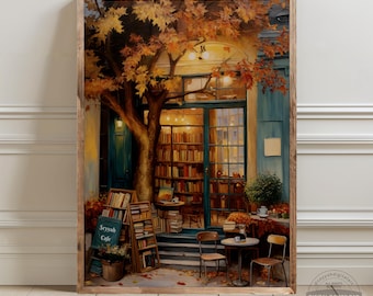 Autumn Cafe Wall Art, Cozy Fall Bookstore Print, Rustic Coffee Shop Decor, Vintage Street Painting, Book Lover Gift, Thanksgiving Digital