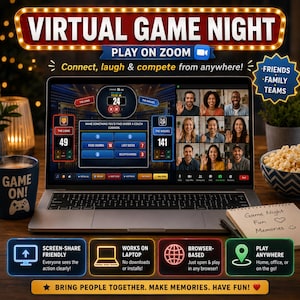 Friendly Feud game is designed for office games, virtual games, parties and team activities on a TV, projector or laptop. This interactive family feud game brings people together with easy team competition and survey-style fun.