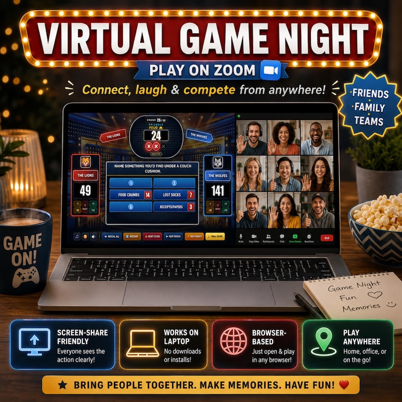 Friendly Feud game is designed for office games, virtual games, parties and team activities on a TV, projector or laptop. This interactive family feud game brings people together with easy team competition and survey-style fun.