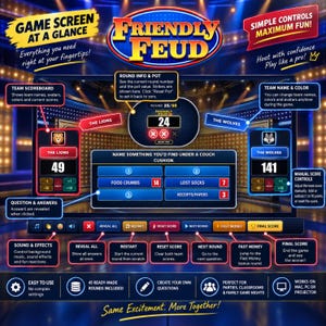 Friendly Feud game setup screen with team presets, colors, avatars, rounds, timers and ready-made questions. This family feud digital game requires no complicated setup and runs directly in a web browser.